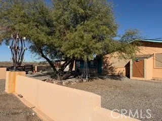 a view of a dry yard with wooden fence