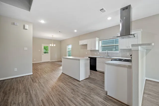 a kitchen with a sink wooden floor and stainless steel appliances
