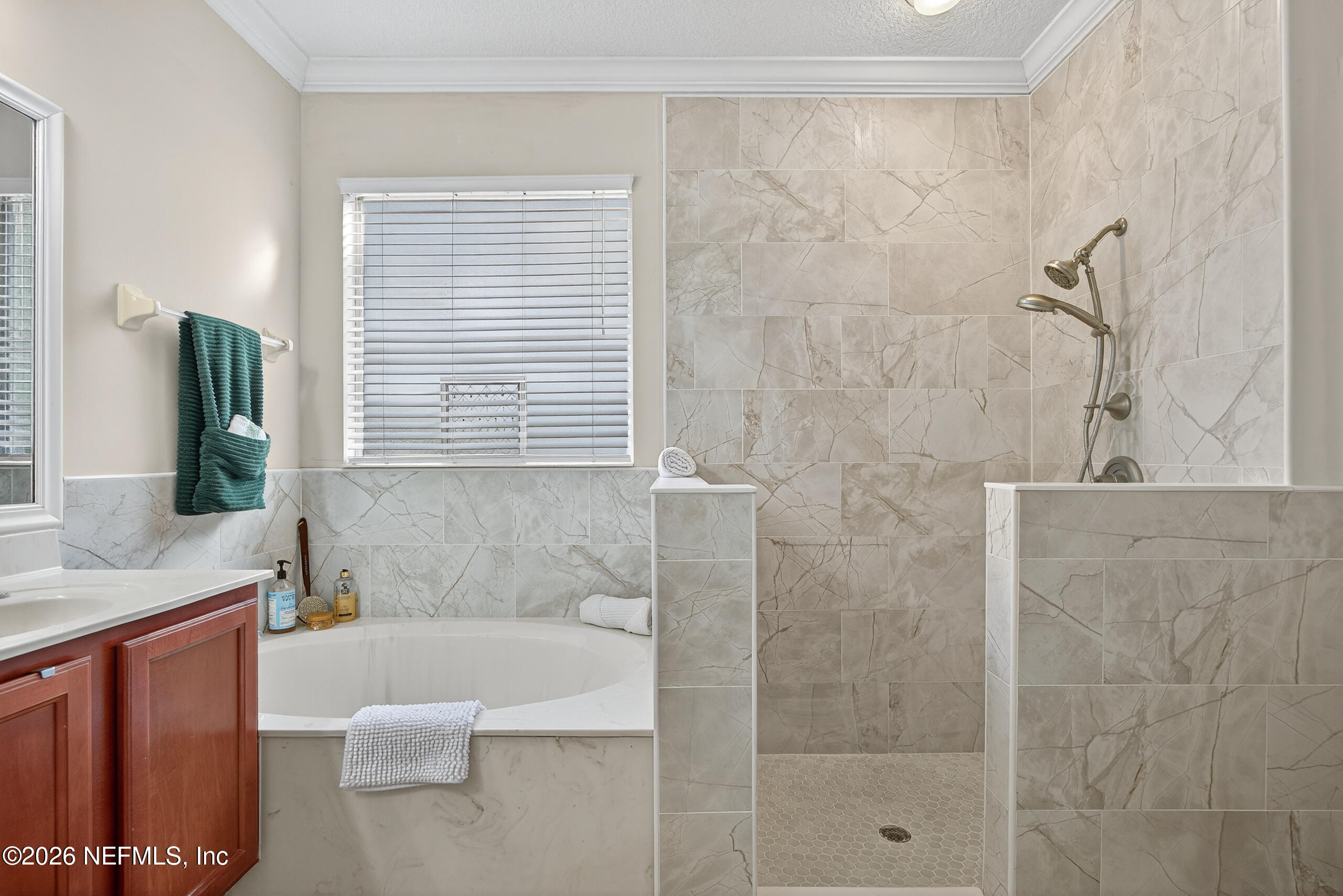 588 Reflection Cove Road Jacksonville, FL 32218 - Photo 23 of 53 a bathroom with a granite countertop shower a sink and a bathtub