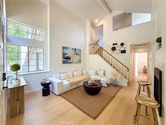 a living room with furniture rug and a potted plant