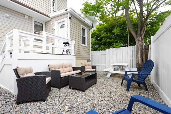 a building outdoor space with patio furniture