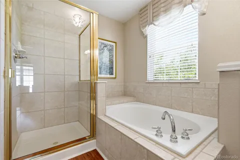 a bathroom with a bathtub and a shower