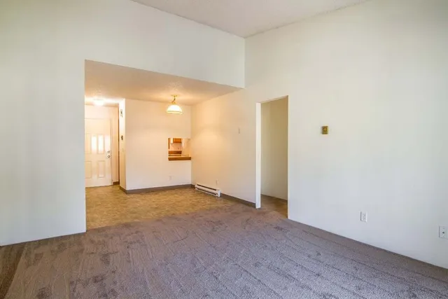 an empty room with wooden floor and mirror