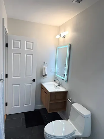 a bathroom with a toilet a sink and mirror