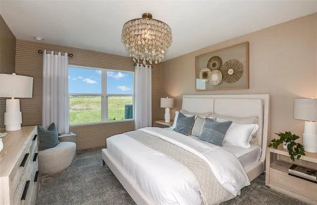 a bedroom with bed and a large window