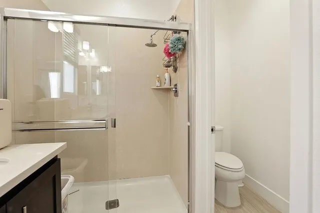 a bathroom with a shower and a toilet