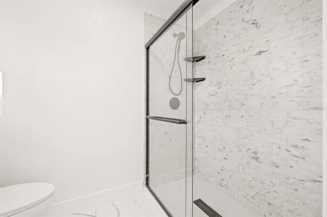 a bathroom with a shower and toilet