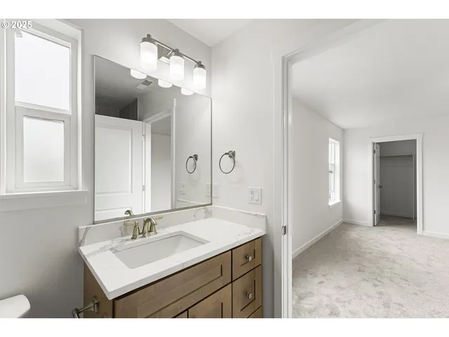 a bathroom with a sink vanity and a mirror