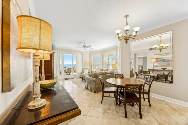 a view of a dining room with furniture window and outside view