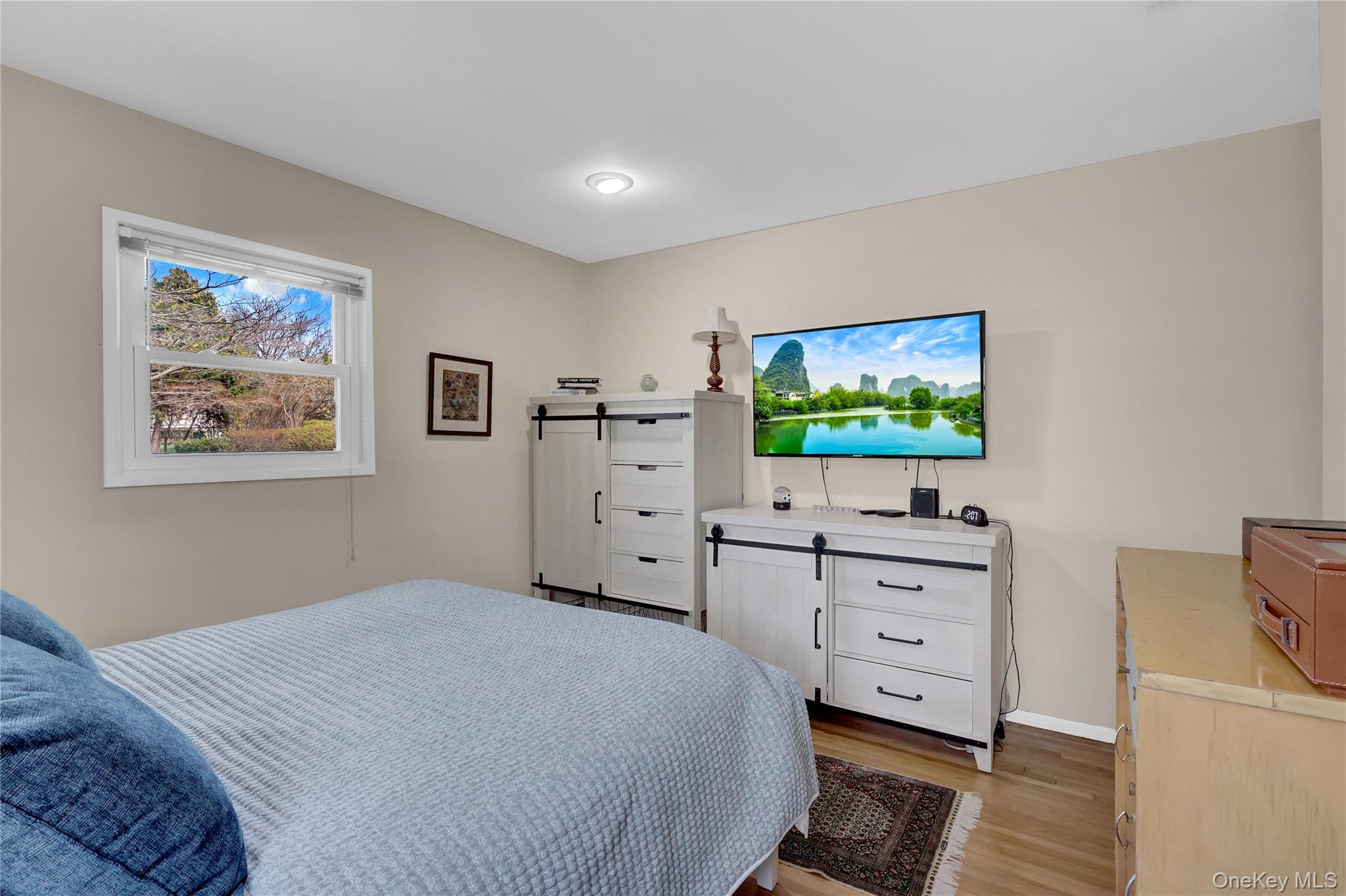27 Cedar Street Syosset, NY 11791 - Photo 18 of 28 a bedroom with a bed and a flat tv screen on dresser