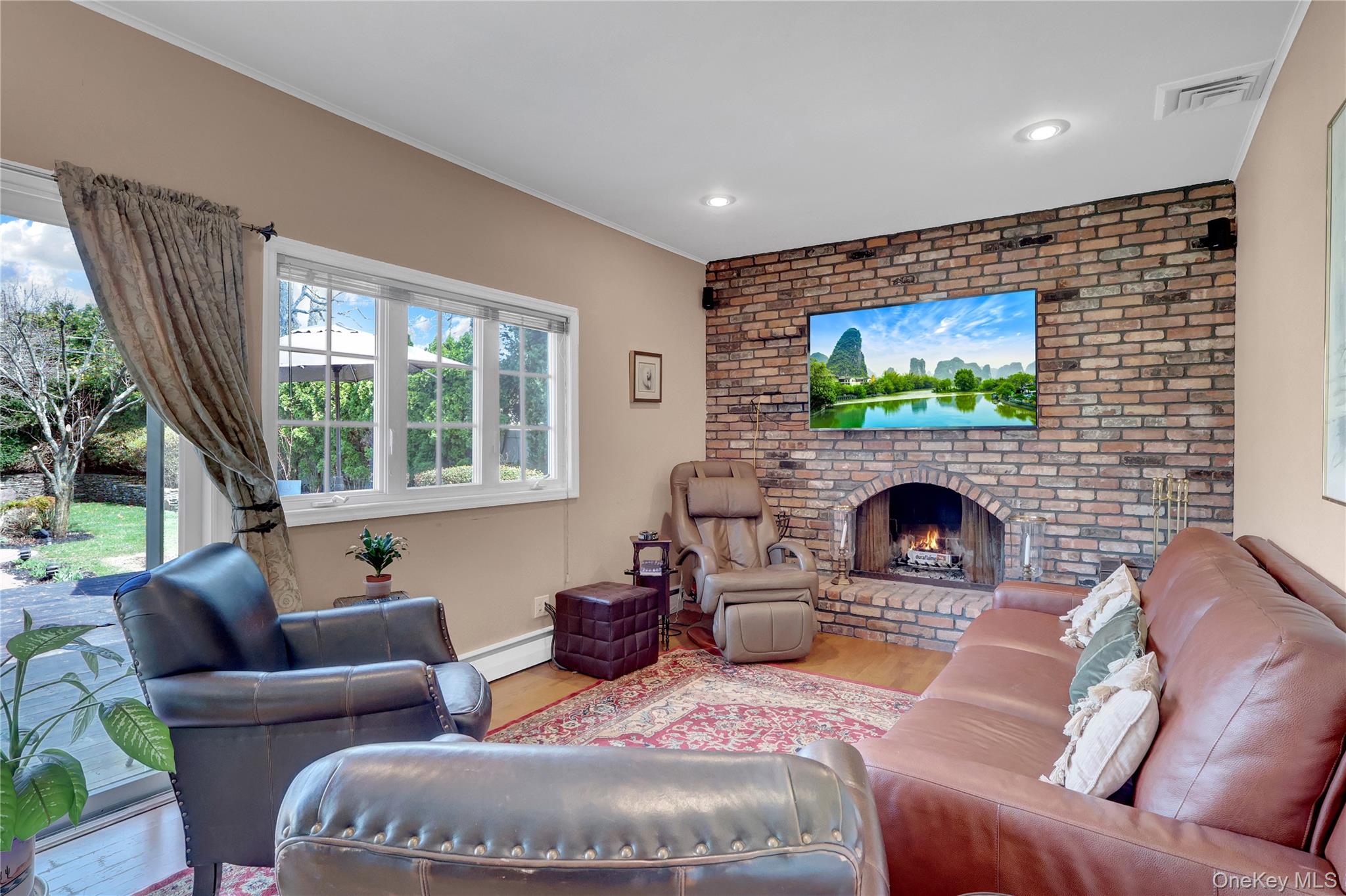27 Cedar Street Syosset, NY 11791 - Photo 9 of 28 a living room with furniture a flat screen tv and a fireplace