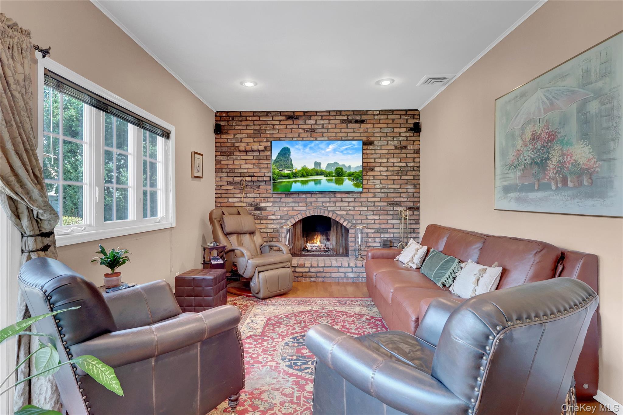 27 Cedar Street Syosset, NY 11791 - Photo 10 of 28 a living room with furniture a flat screen tv and a fireplace