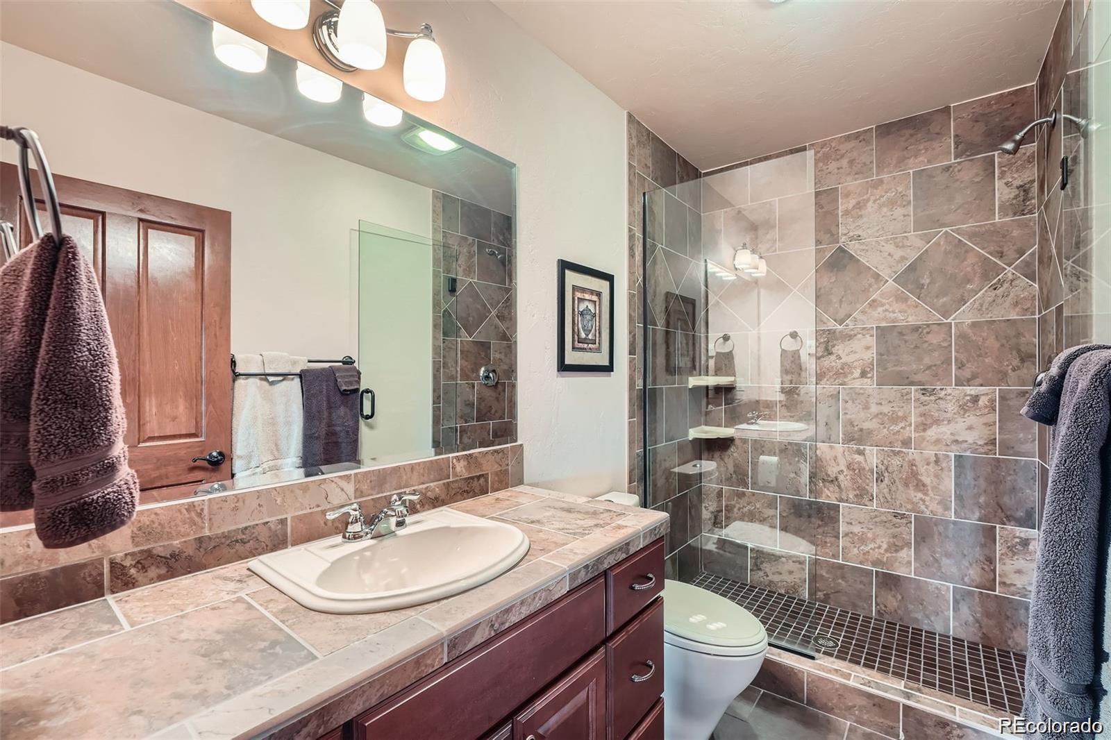 401 Raptor Point Golden, CO 80403 - Photo 17 of 44 a bathroom with a sink a toilet a mirror and shower