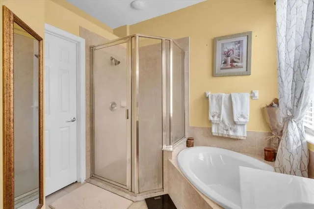 a bathroom with a bathtub and a shower