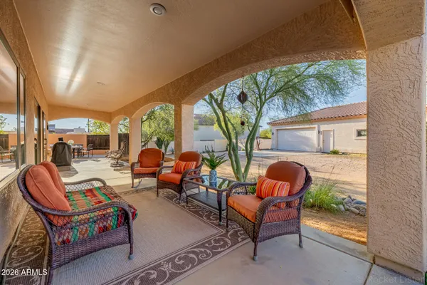 an aerial view of a house with a garden