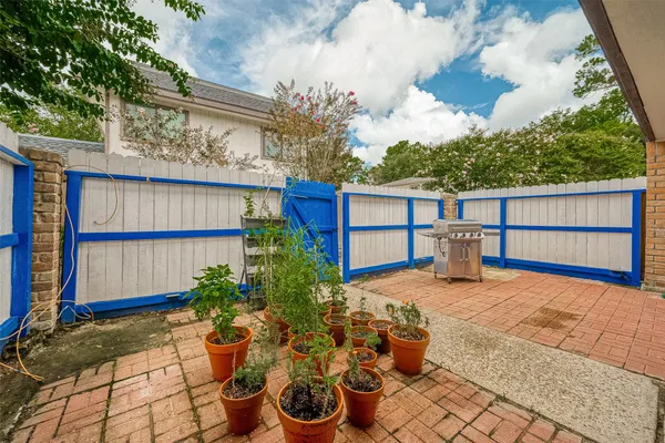 a view of a backyard with plants and a patio