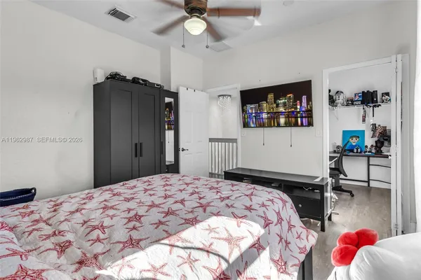 a bedroom with a bed and a dresser