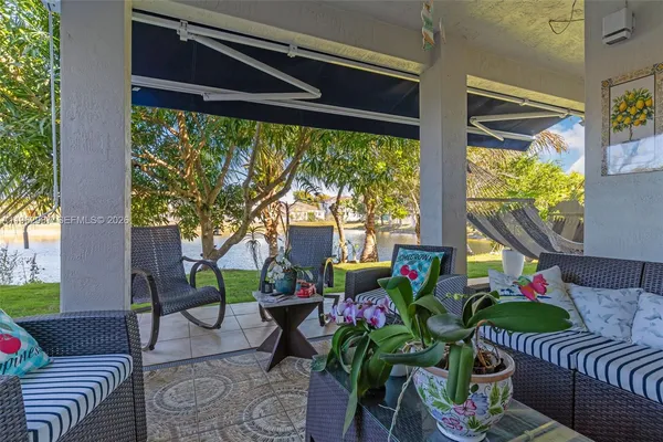 a garden view with a seating space