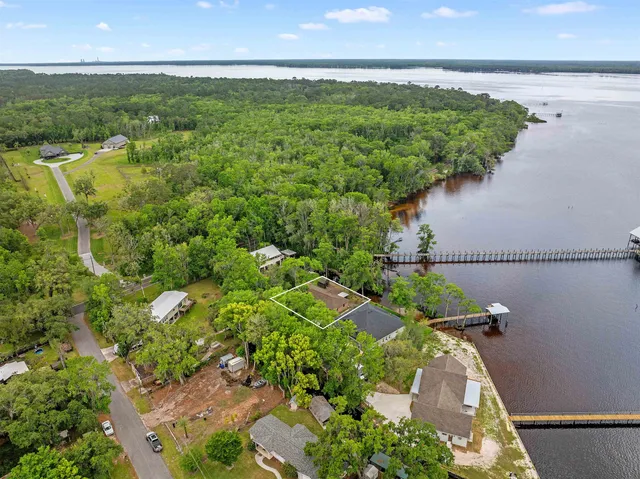 an aerial view of residential houses with outdoor space and trees