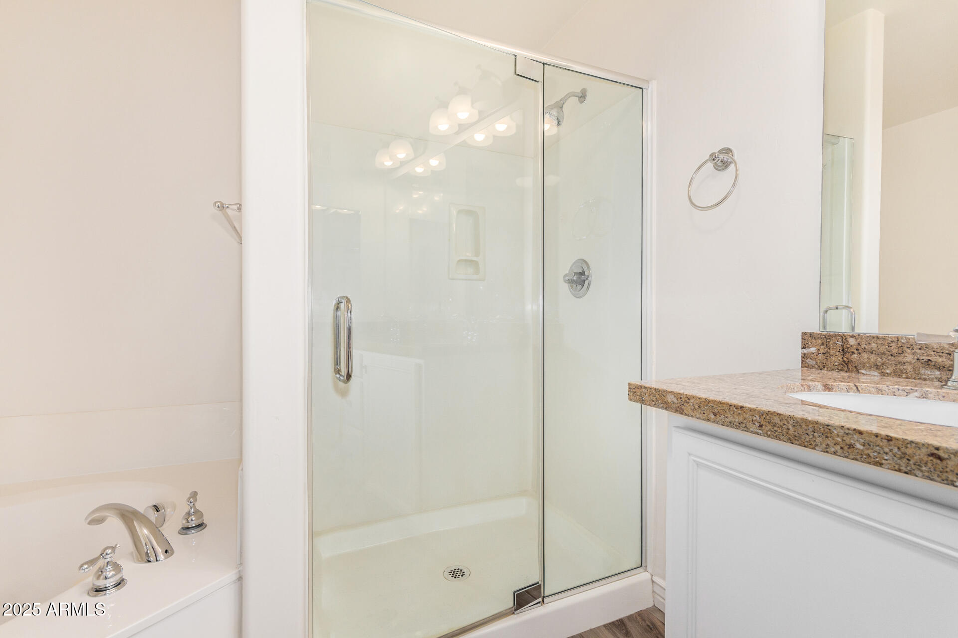 5450 East Deer Valley Drive, Unit 1211 Phoenix, AZ 85054 - Photo 8 of 26 a bathroom with a granite countertop sink a mirror and shower