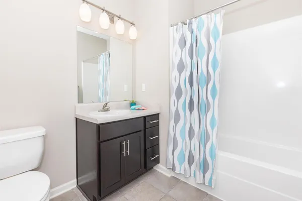 a bathroom with a sink a toilet and shower curtain