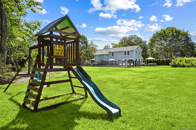 a view of a garden with a slide