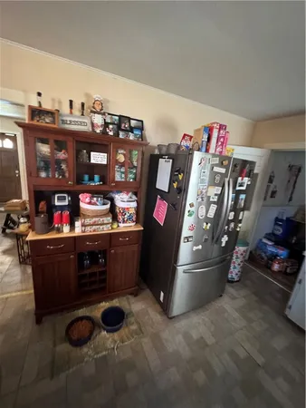 a room with storage and a table