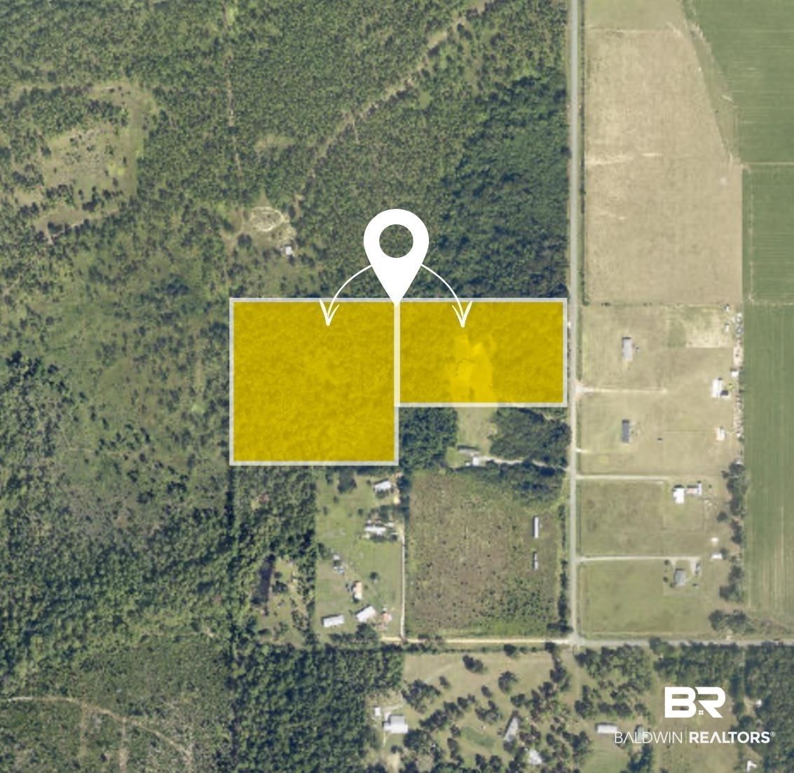 20219 Greek Cemetery Road Robertsdale, AL 36567 - Photo 4 of 41 Aerial Map. Illustrating the location of two distinct parcels within the property. PPIN: 69917 = 6.33 Acres and 65733 = 10 acres.