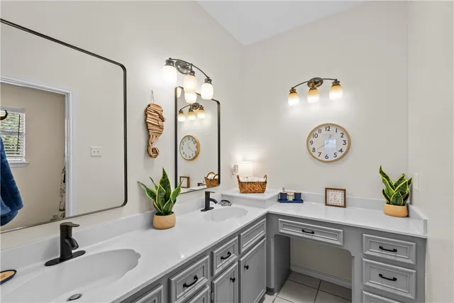 a bathroom with a sink a mirror and a potted plant
