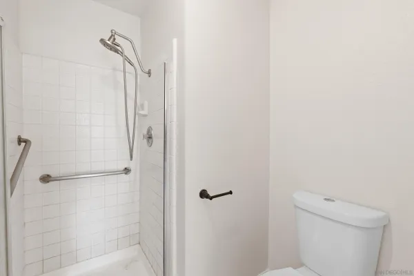 a bathroom with a shower and toilet