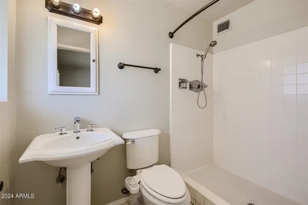 a bathroom with a sink a toilet and shower