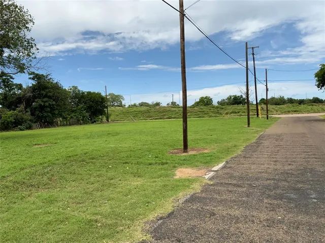 a view of a field with a tree in the background
