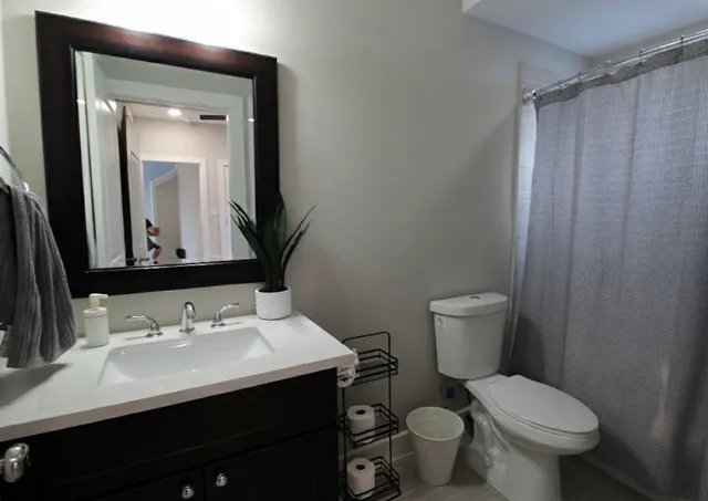 a bathroom with a sink toilet and mirror