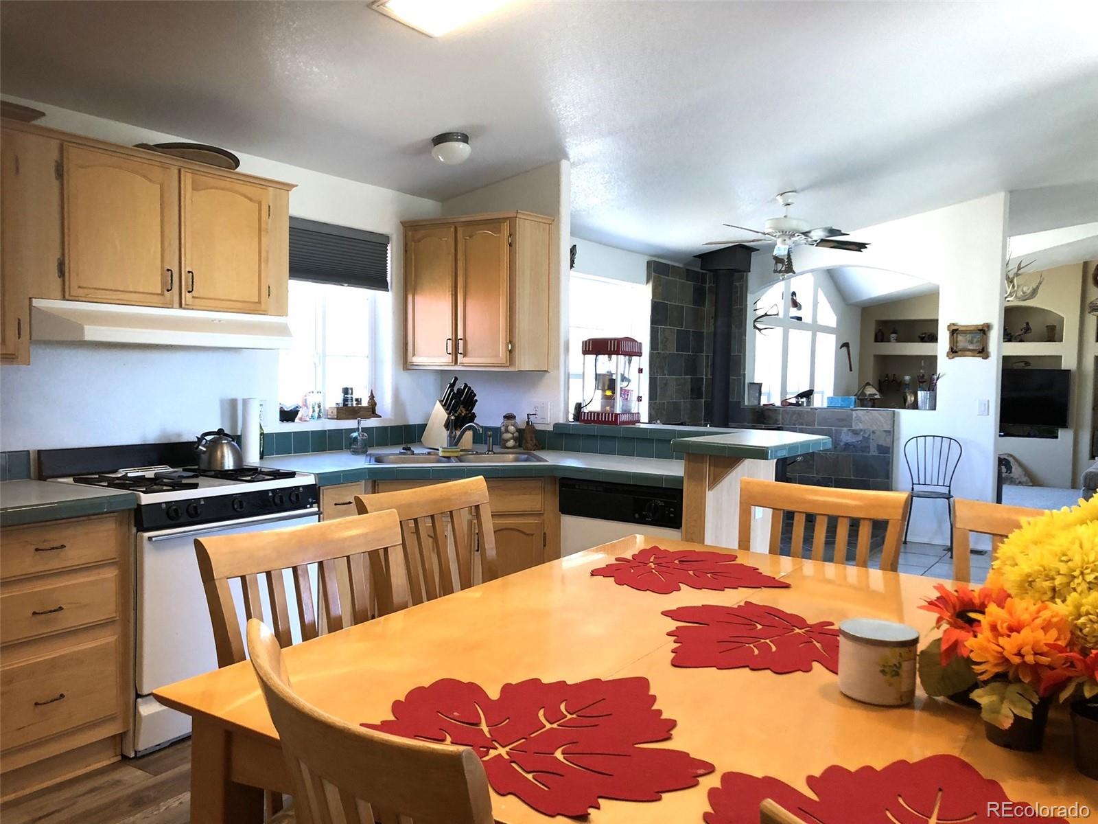 1983 Arapahoe Road Hartsel, CO 80449 - Photo 7 of 39 a kitchen with stainless steel appliances kitchen island granite countertop a stove a sink a dining table and chairs
