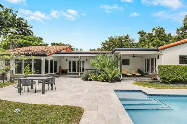 a view of house with swimming pool outdoor seating