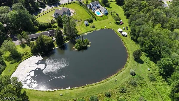 an aerial view of a house with a yard and large trees