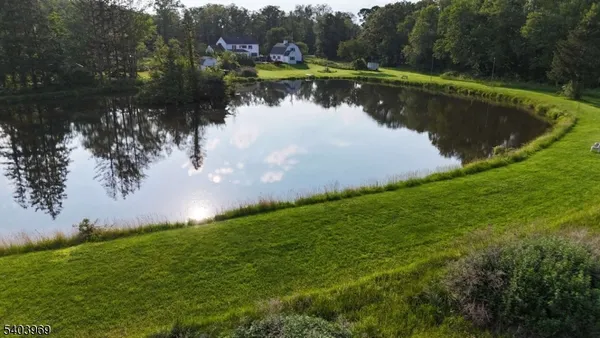 a view of a lake with a yard and large trees