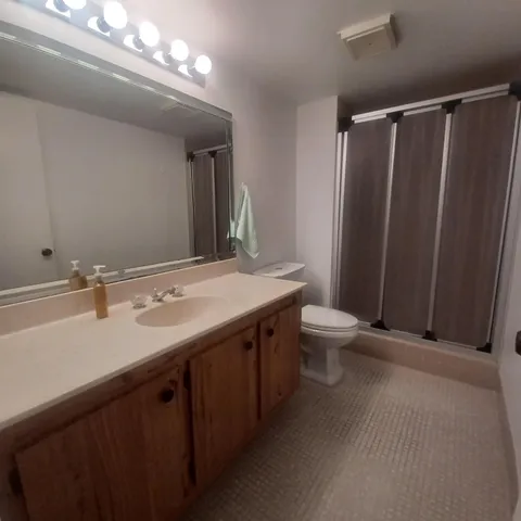 a bathroom with a double vanity sink mirror and toilet
