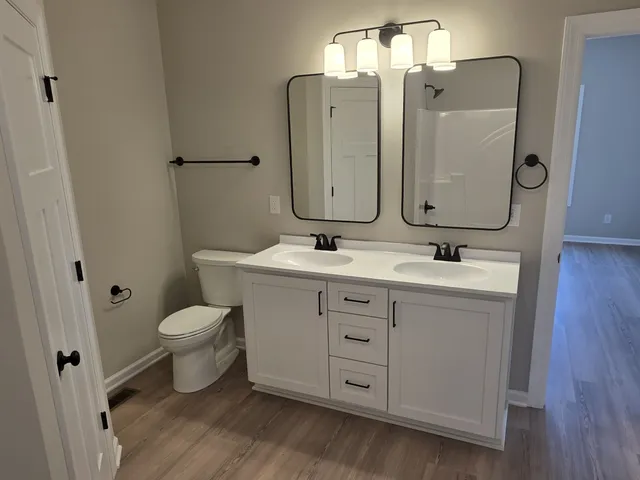 a bathroom with a double vanity sink mirror and toilet