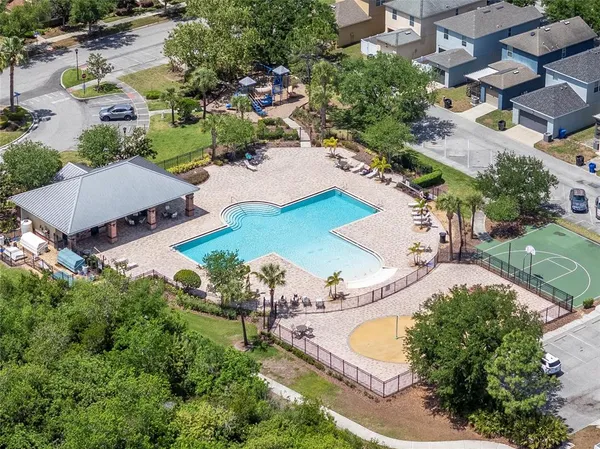 an aerial view of a swimming pool