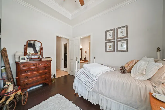 an aerial view of a house with a garden