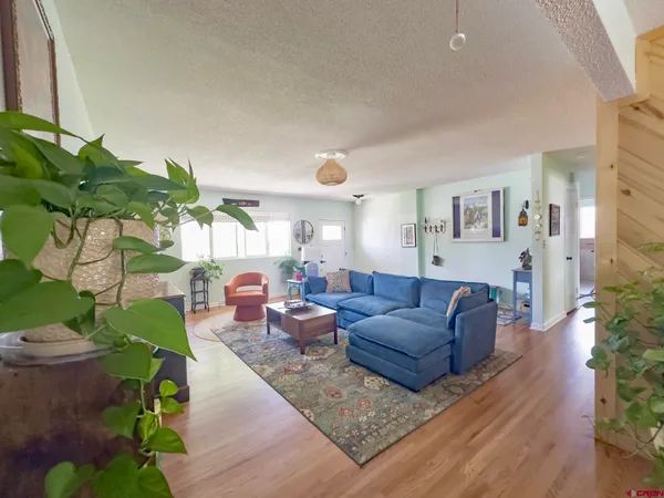 a living room with furniture and a potted plant