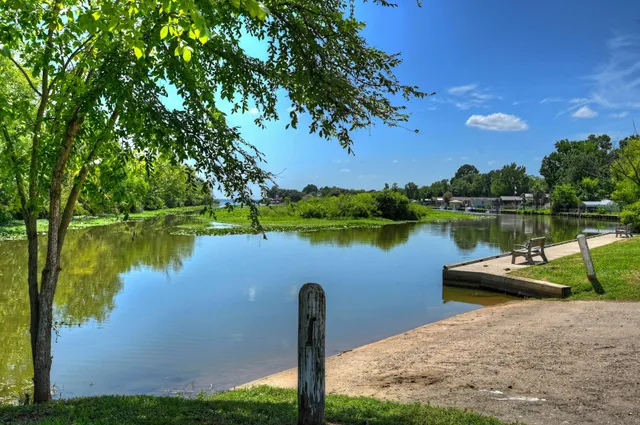 a view of a lake with a yard and large trees