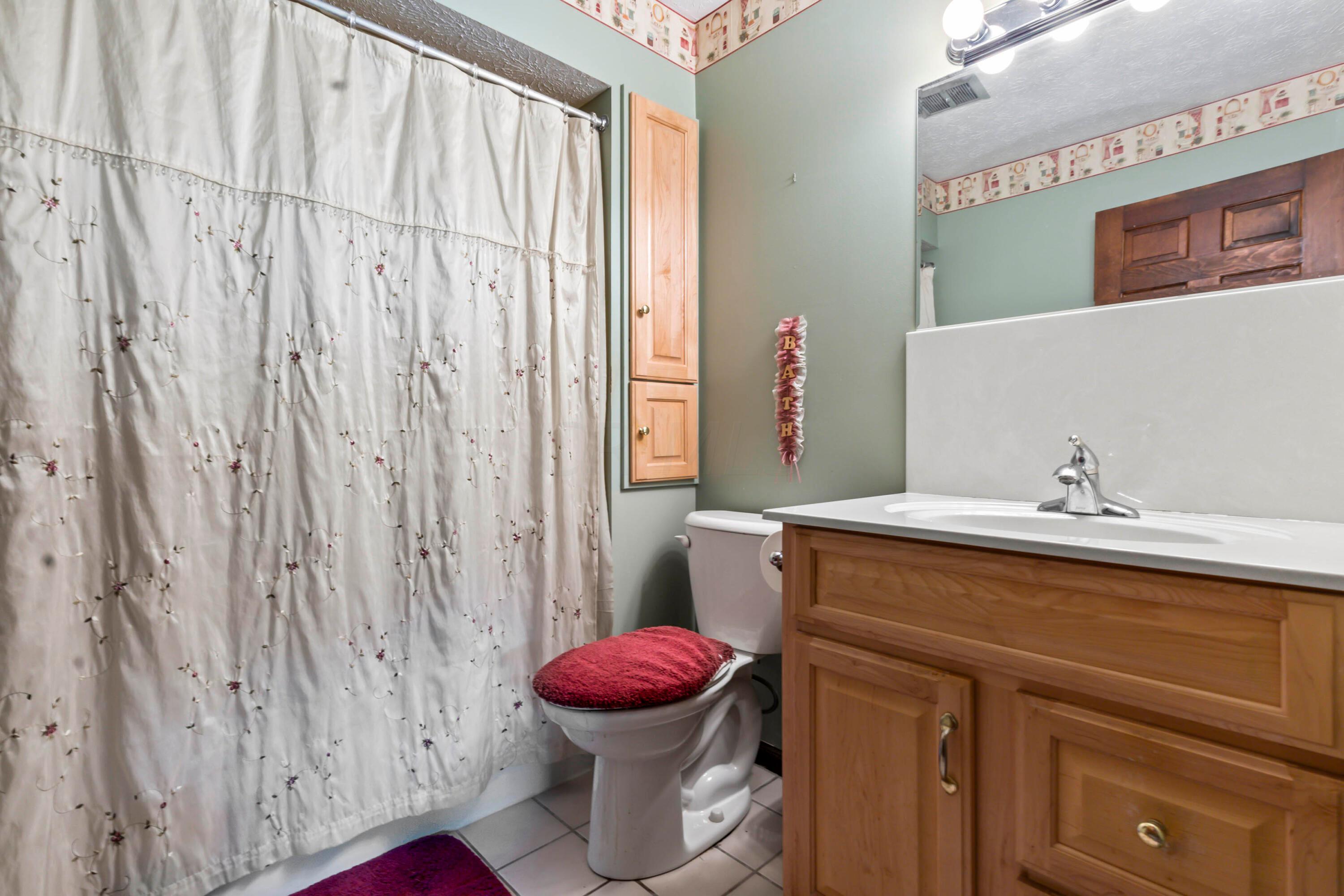 5764 Cheshire Road Galena, OH 43021 - Photo 11 of 59 • Ceramic tile flooring
• Mint painted walls
• Ceiling exhaust
• Enclosed vanity with single
bowl, cultured marble sinktop
• Studio lighting strip
• Linen cabinet
• Tub/shower combination with
cultured marble surround