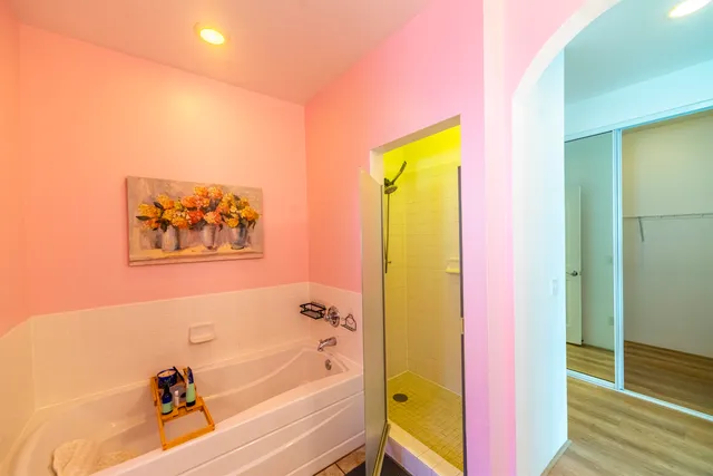 a bathroom with a bathtub and a shower