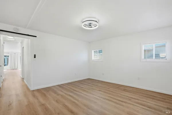 an empty room with a workspace