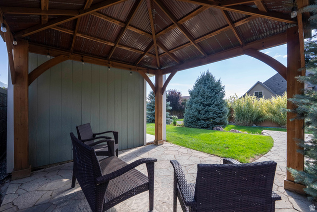 687 South 2080th Street East Springville, UT 84663 - Photo 106 of 149 Outdoor gazebo featuring a corrugated metal roof and exposed wood beams