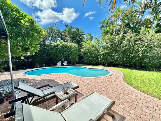 a view of a swimming pool with a yard