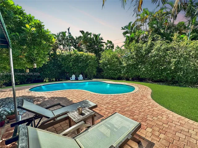 a view of a swimming pool with a yard