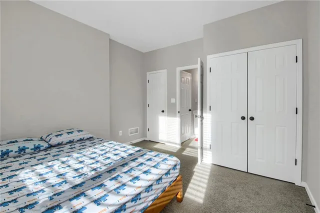 a bedroom with a bed and a closet